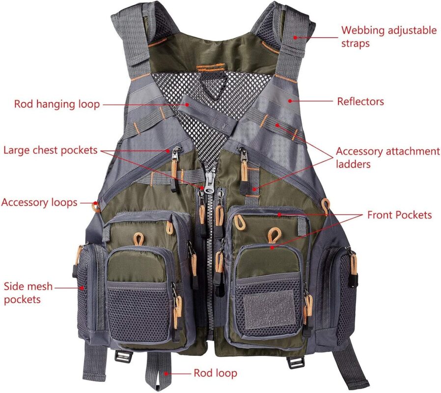 BASSDASH Strap Fishing Vest Adjustable for Men and Women, for Fly Bass Fishing and Outdoor Activities