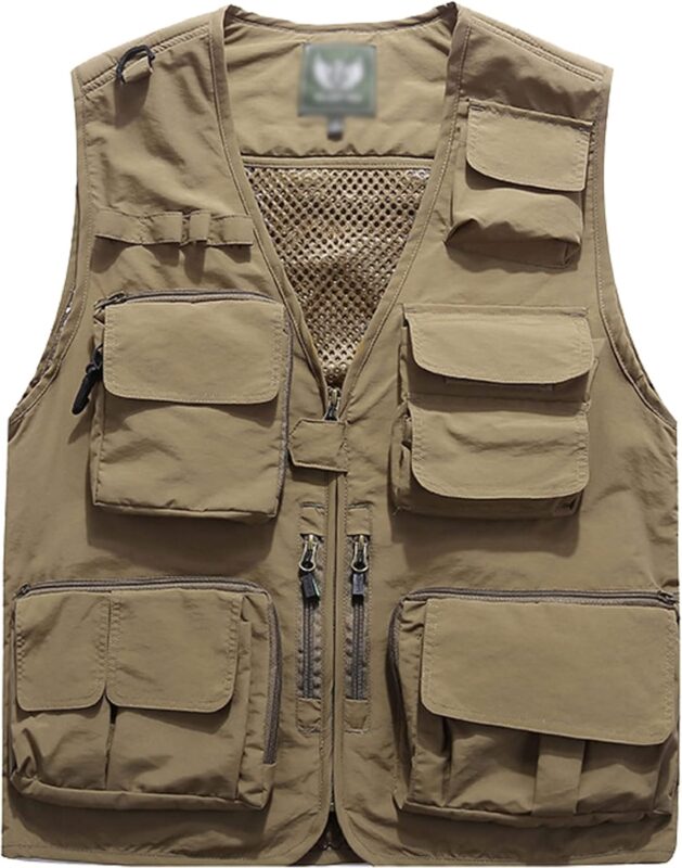 Flygo Mens Casual Outdoor Work Safari Fishing Travel Photo Cargo Vest Jacket Multi Pockets