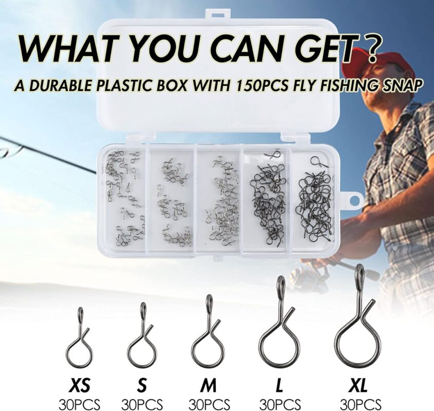 Alwonder 150PCS/Box Fly Fishing Snap, 5 Sizes Stainless Steel Quick Change Lure Snaps No Knot Snap Quick Snap Fast Snap Lure Connector for Jigs Lures Fishing Clips Swivels Fishing Tackle