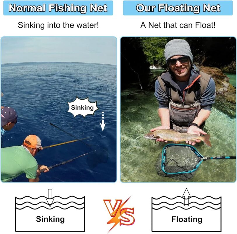 PLUSINNO Floating Fishing Net for Steelhead, Salmon, Fly, Kayak, Catfish, Bass, Trout Fishing, Rubber Coated Landing Net for Easy Catch  Release, Compact  Foldable for Easy Transportation  Storage