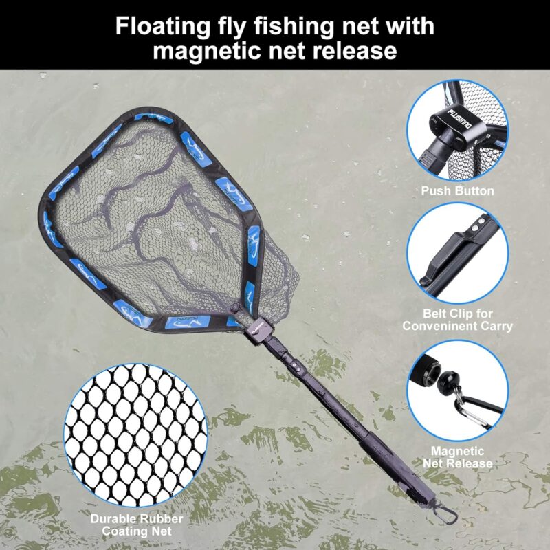 PLUSINNO Floating Fishing Net for Steelhead, Salmon, Fly, Kayak, Catfish, Bass, Trout Fishing, Rubber Coated Landing Net for Easy Catch  Release, Compact  Foldable for Easy Transportation  Storage