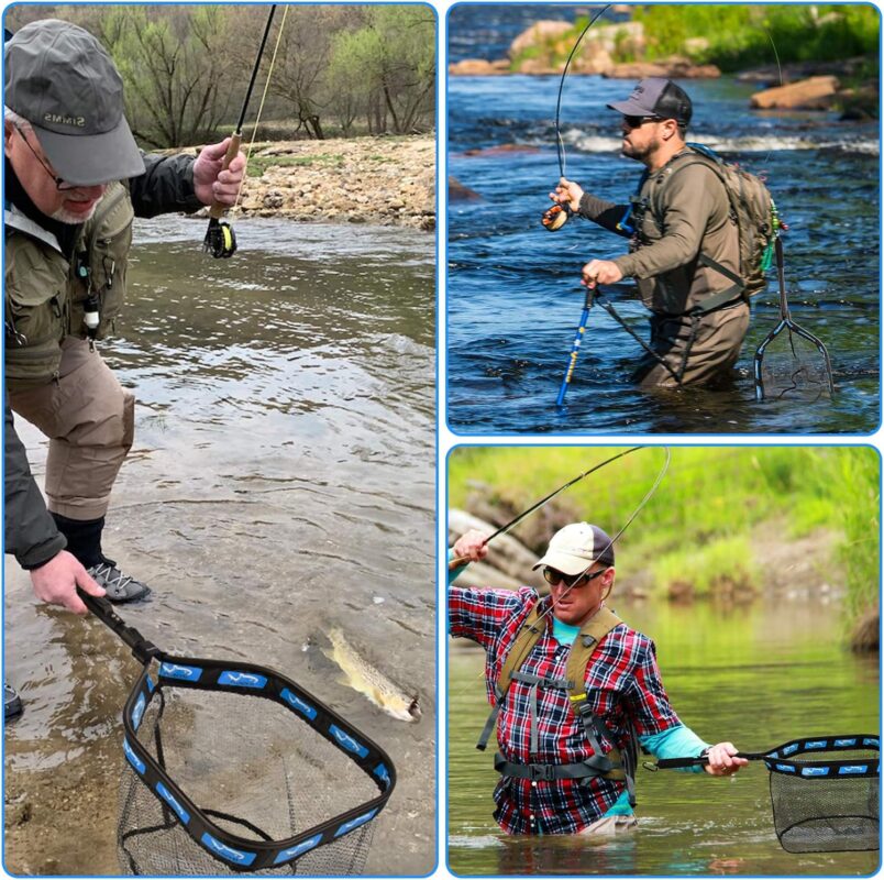 PLUSINNO Floating Fishing Net for Steelhead, Salmon, Fly, Kayak, Catfish, Bass, Trout Fishing, Rubber Coated Landing Net for Easy Catch  Release, Compact  Foldable for Easy Transportation  Storage
