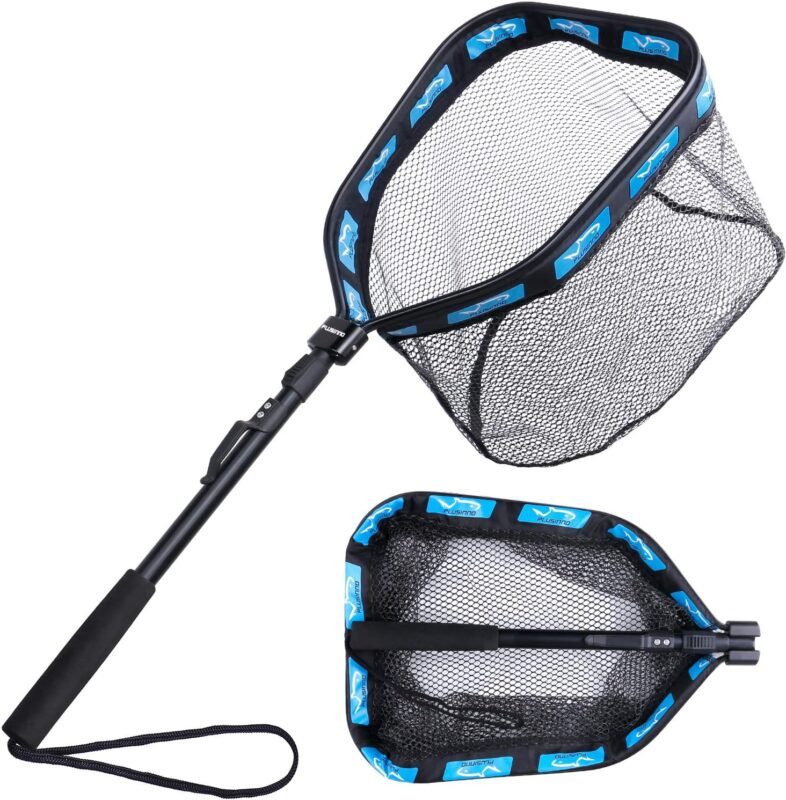 PLUSINNO Floating Fishing Net for Steelhead, Salmon, Fly, Kayak, Catfish, Bass, Trout Fishing, Rubber Coated Landing Net for Easy Catch  Release, Compact  Foldable for Easy Transportation  Storage